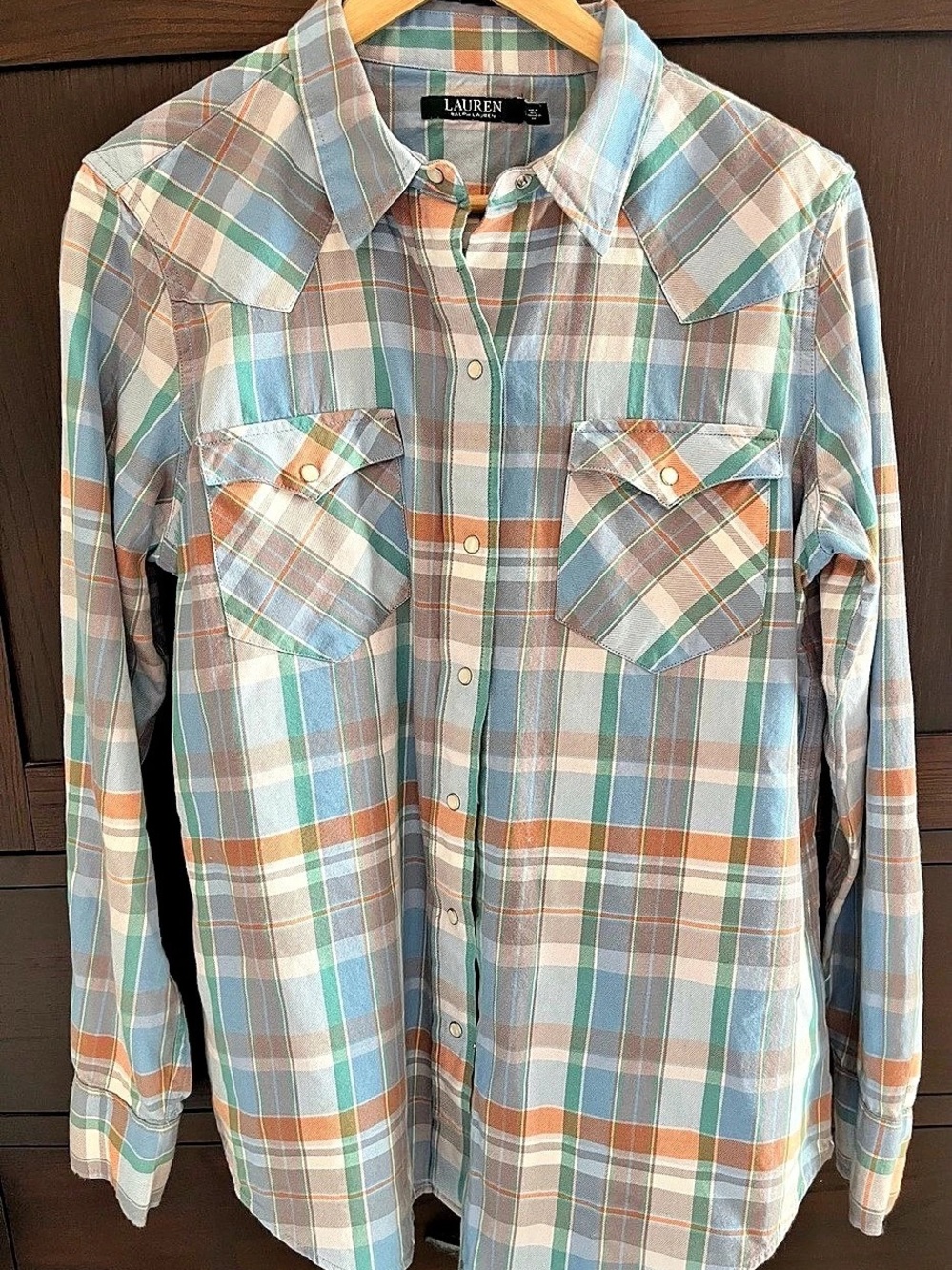 Lauren Ralph Lauren Western Style Plaid Cotton Shirt in Blue & Green XL Like New